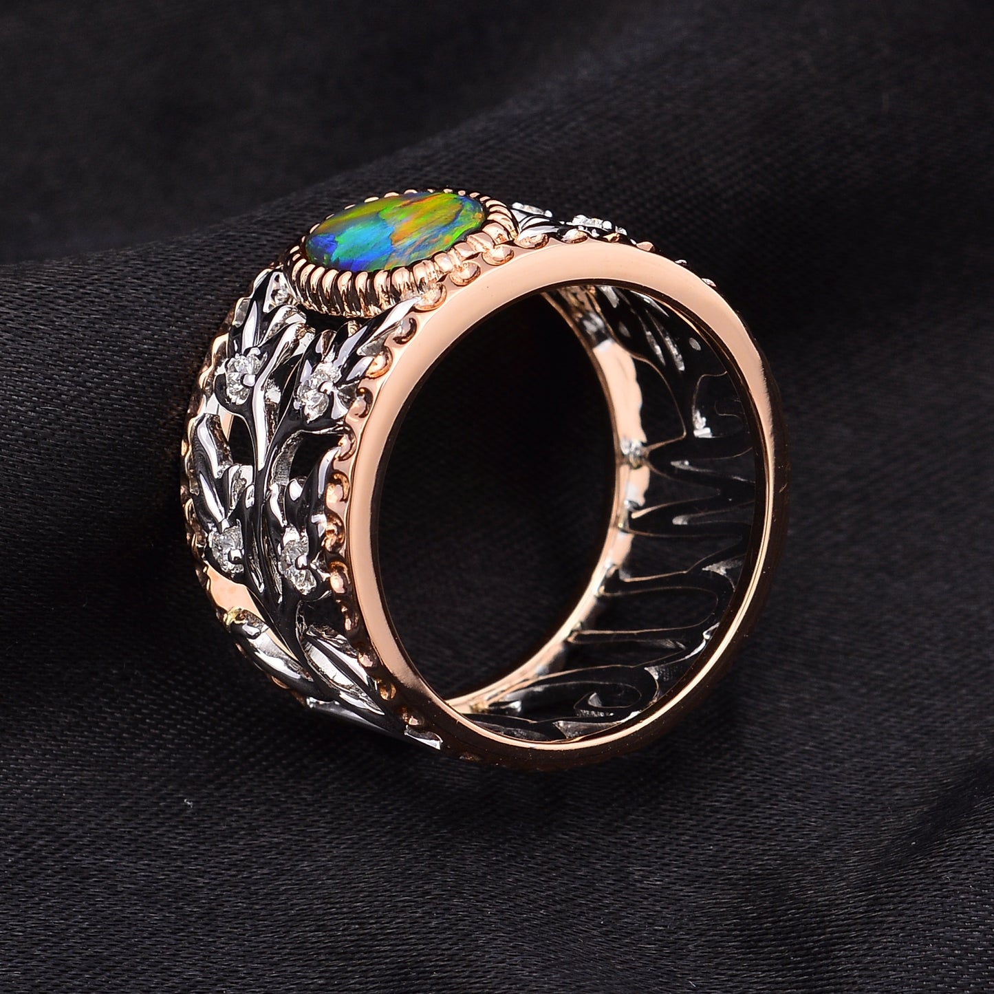 18ct White & Rose Gold Solid Black Opal and Diamond Ring