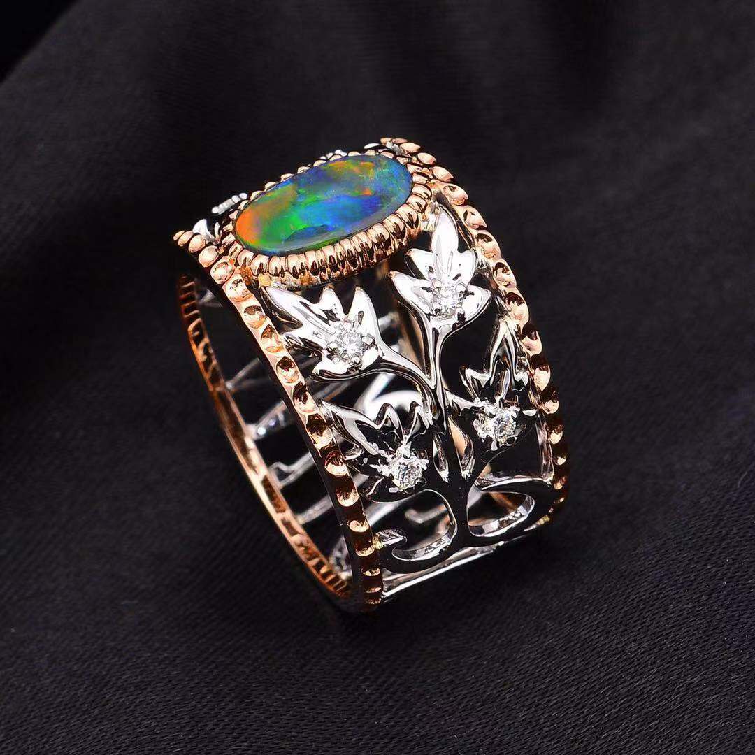 18ct White & Rose Gold Solid Black Opal and Diamond Ring