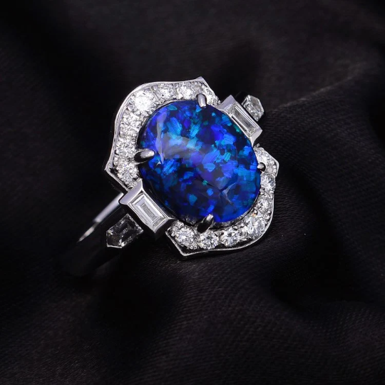 18ct White Gold Black Opal and Diamond Ring