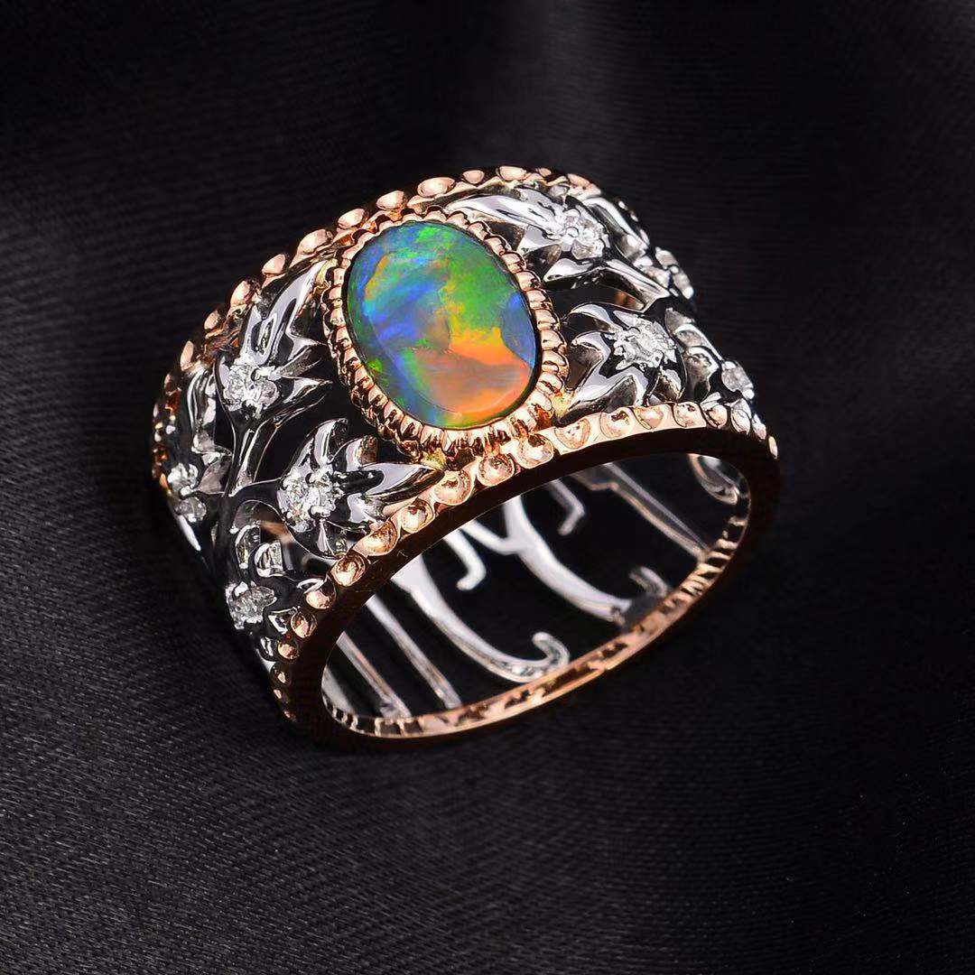 18ct White & Rose Gold Solid Black Opal and Diamond Ring