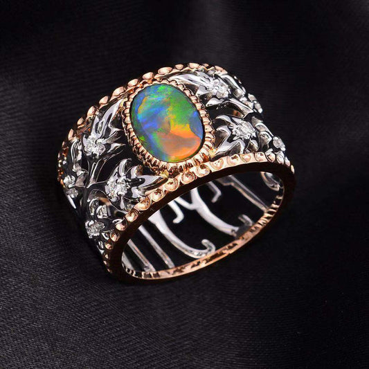 18ct White & Rose Gold Solid Black Opal and Diamond Ring