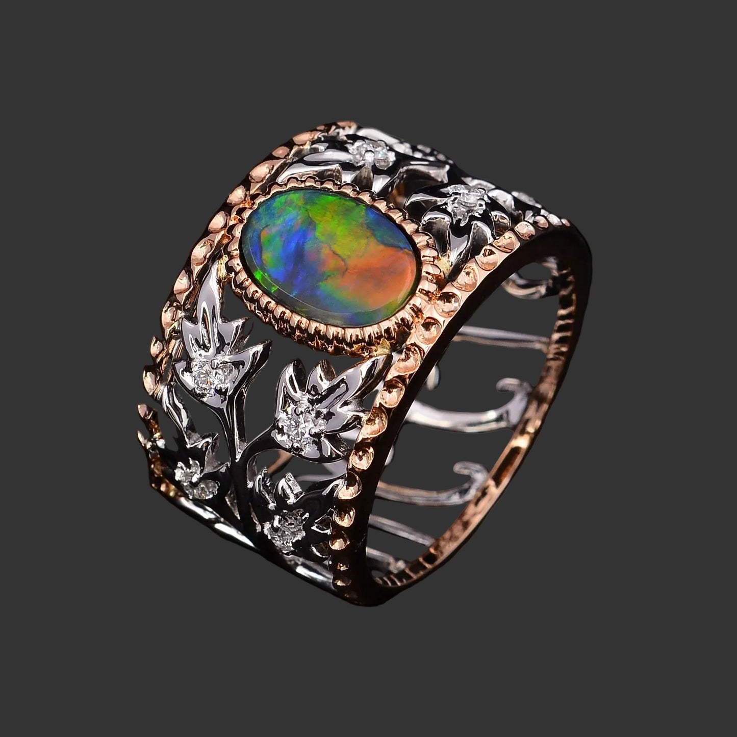 18ct White & Rose Gold Solid Black Opal and Diamond Ring